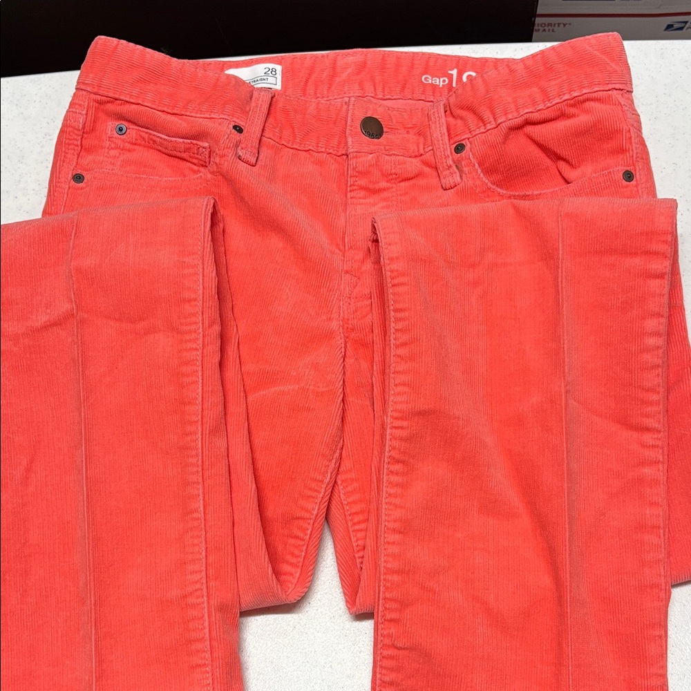 GAP Vibrant Coral Corduroy 5 pocket Trousers, size 28 X 31